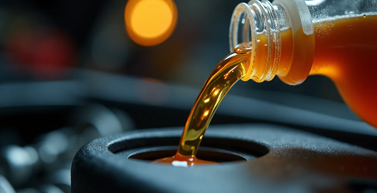 Mécanicien versant un additif spécial dans le réservoir d'une voiture diesel avant le contrôle technique