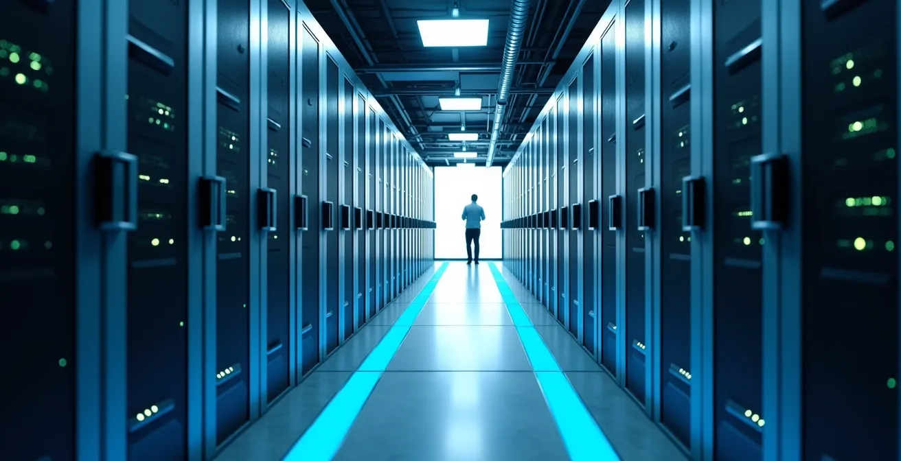 Salle d'archives numériques sécurisée avec serveurs et système de stockage moderne