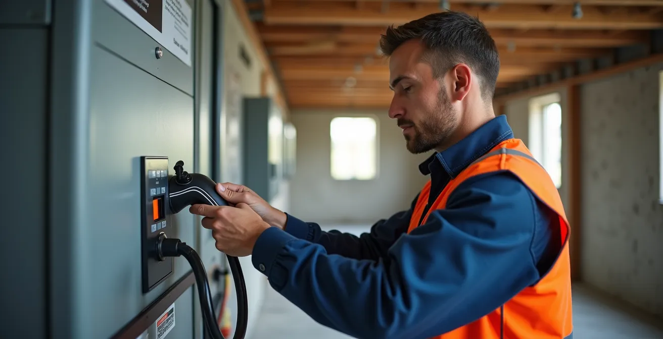 Artisan ajustant un câble de recharge à ampérage variable sur un chantier