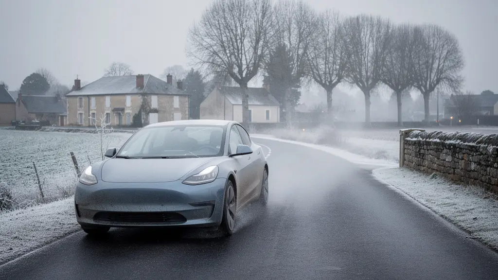 Voiture électrique sur une route française en hiver, avec givre et lumière froide, laissant un grand espace vide pour un titre.