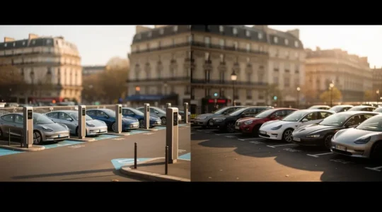 Scène urbaine contrastée montrant une station d'autopartage moderne avec plusieurs véhicules électriques et un parking résidentiel traditionnel