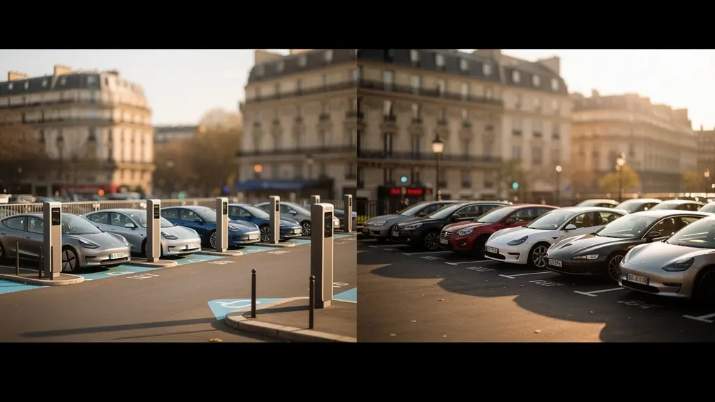 Scène urbaine contrastée montrant une station d'autopartage moderne avec plusieurs véhicules électriques et un parking résidentiel traditionnel