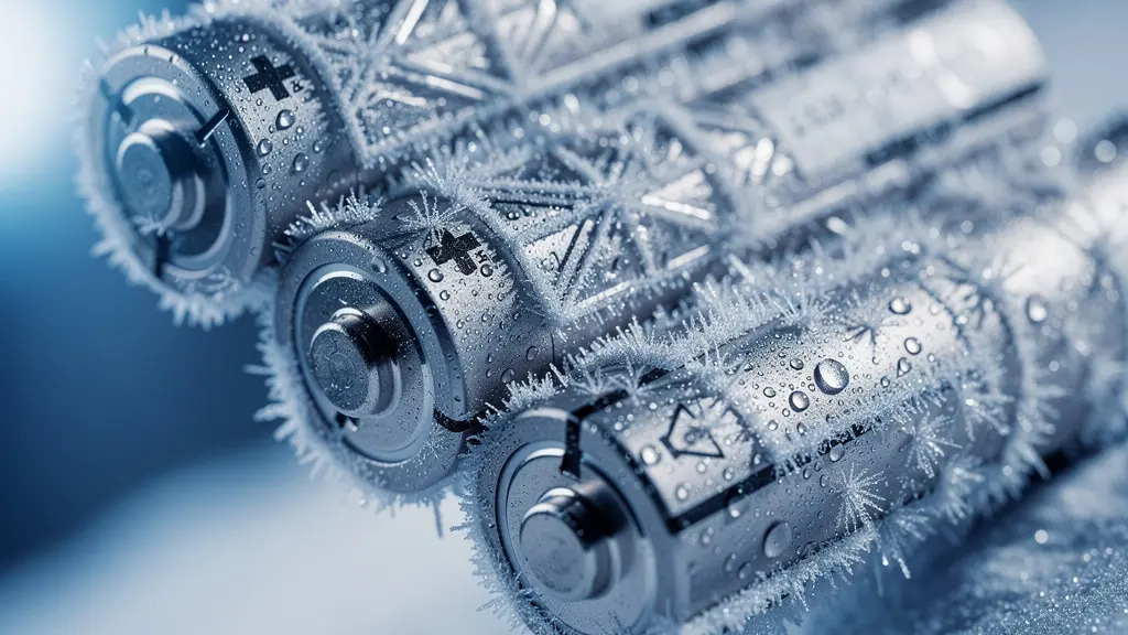 Gros plan macro sur des cellules de batterie givrées avec cristaux de glace visibles