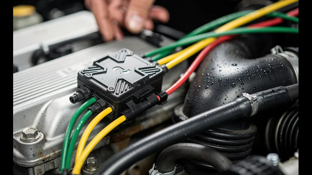 Vue macro d'un boîtier de conversion éthanol E85 connecté au moteur d'un véhicule, montrant les câbles et connecteurs avec une faible profondeur de champ.