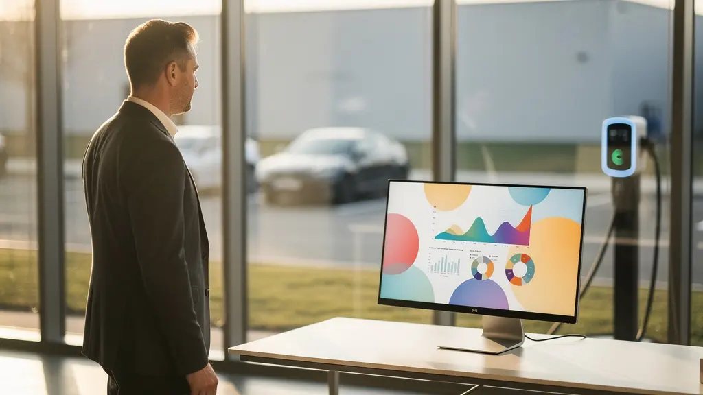 Directeur financier analysant les données de rentabilité d'une flotte électrique sur un tableau de bord dans un bureau moderne
