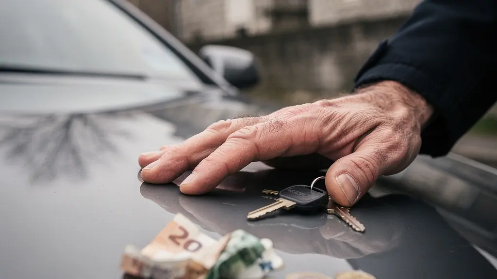 Main posée sur un capot de voiture près d'un trousseau de clés et de billets en euros froissés, évoquant l'erreur de calcul sur la valeur résiduelle d'un diesel