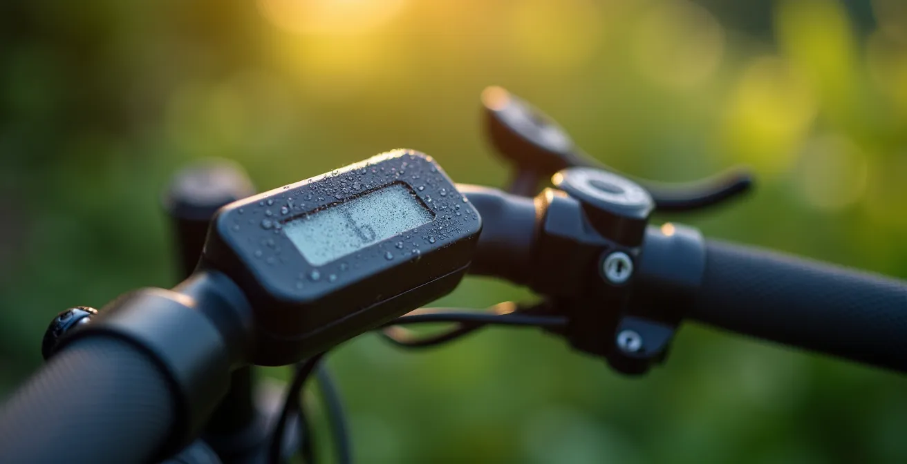 Gros plan sur guidon de vélo électrique avec écran affichant des données environnementales floues