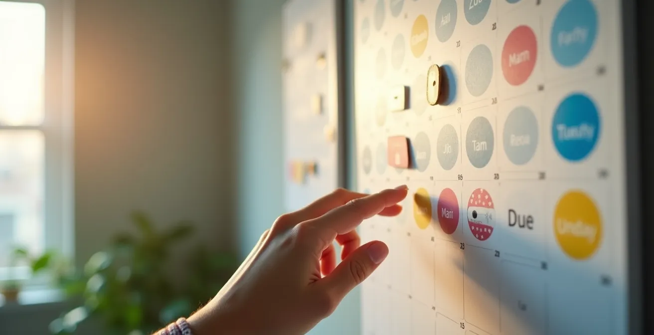 Vue artistique d'un calendrier mural avec des marques visuelles non textuelles indiquant une échéance