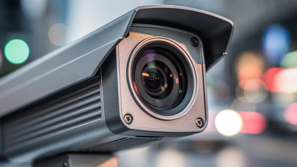 Caméra de surveillance urbaine LAPI montée sur un poteau avec arrière-plan flou de circulation