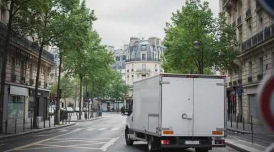 Camion de livraison à l'approche d'une zone urbaine française avec des panneaux de restriction de circulation flous en arrière-plan