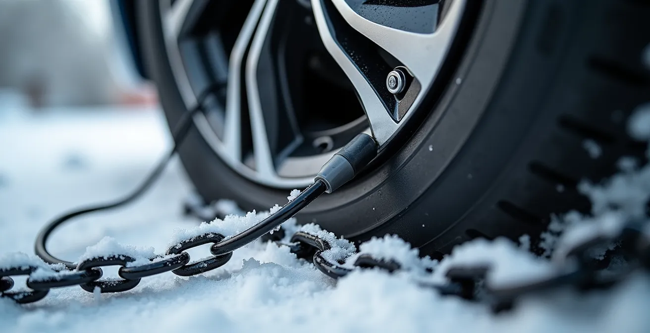 Gros plan sur un capteur ABS près d'une roue avec des chaînes à neige montrant le risque d'arrachement