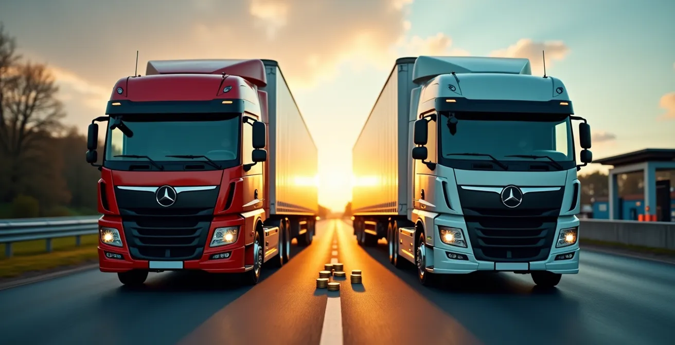 Comparaison visuelle entre camion diesel et électrique dans le contexte fiscal français