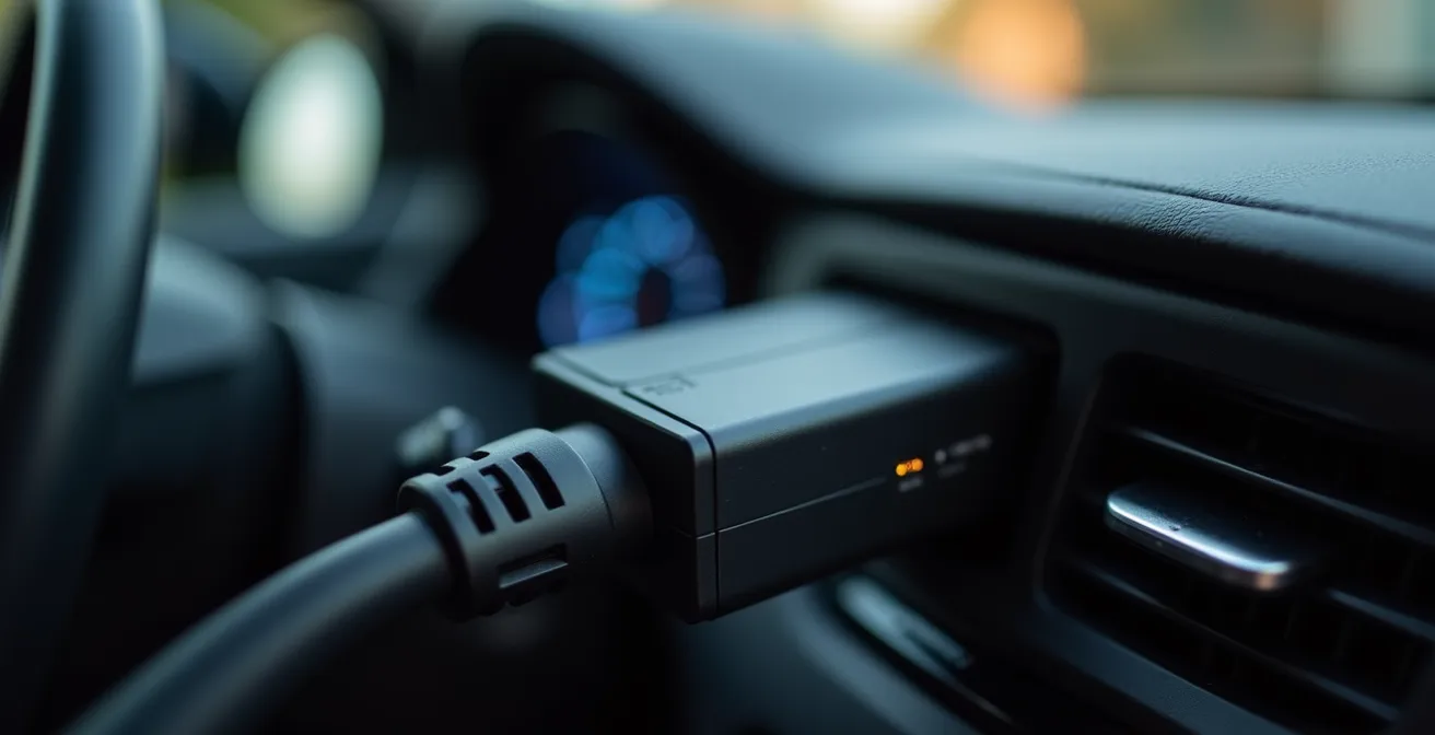 Gros plan sur un boîtier télématique connecté au port OBD d'un véhicule