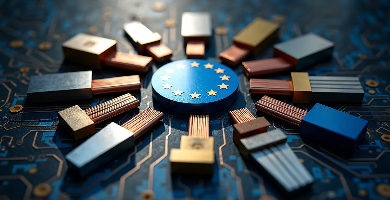 Représentation symbolique de différents systèmes techniques d'induction avec des formes géométriques abstraites représentant l'harmonisation européenne