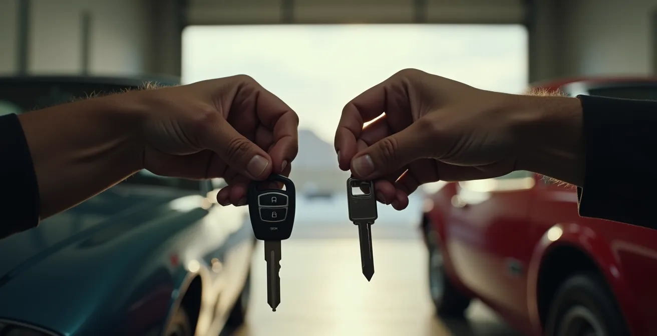 Comparaison visuelle entre voiture ancienne et moderne dans un environnement neutre