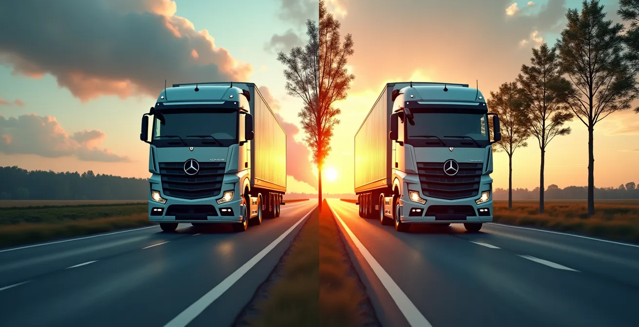 Camion électrique en charge sur une aire d'autoroute française avec panneaux solaires en arrière-plan