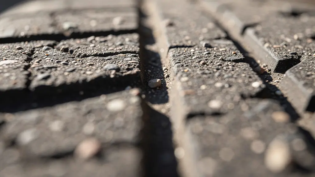 Vue macroscopique et abstraite d'une texture de pneu sur l'asphalte évoquant la distance parcourue.