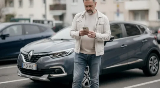 Conducteur comparant devis assurance auto sur smartphone devant sa voiture