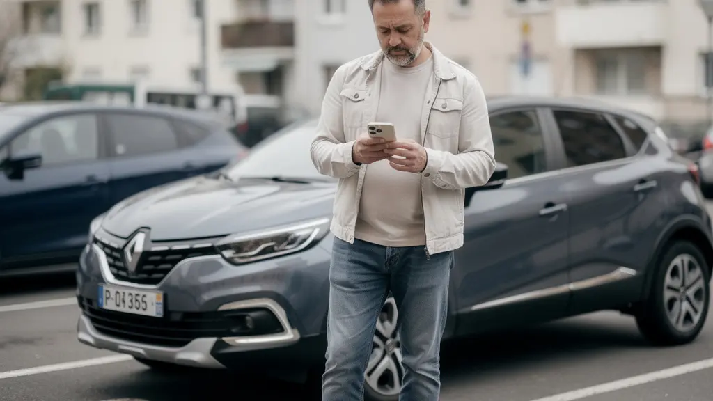 Conducteur comparant devis assurance auto sur smartphone devant sa voiture