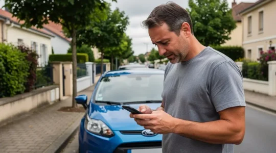Conducteur consultant son attestation d'assurance auto sur smartphone à côté de sa voiture