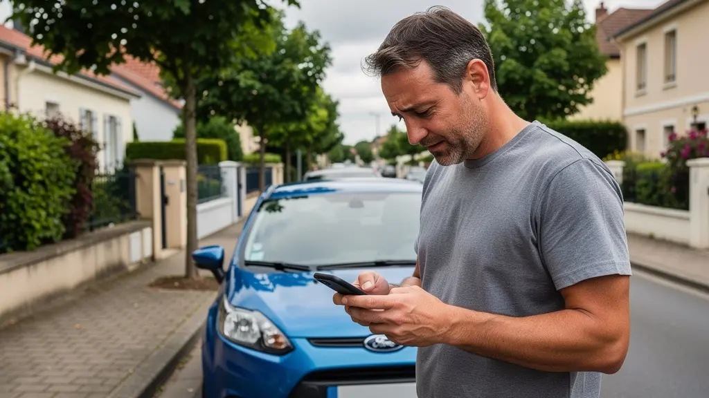 Conducteur consultant son attestation d'assurance auto sur smartphone à côté de sa voiture