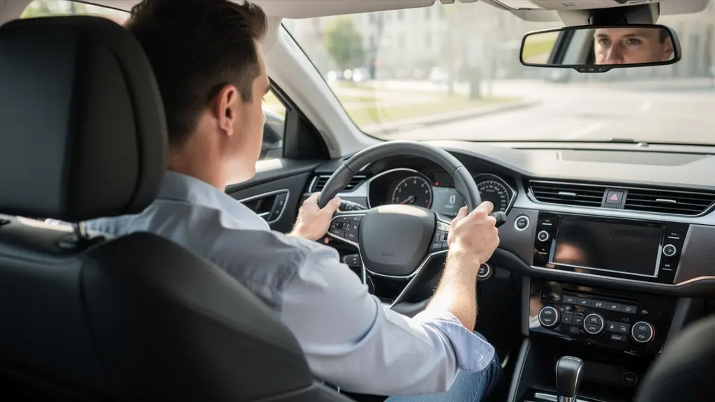 Vue intérieure d'une voiture avec conducteur tenant le volant sur une route
