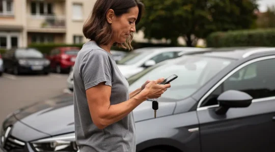 Conductrice française consultant son assurance auto près de son véhicule dans un parking résidentiel