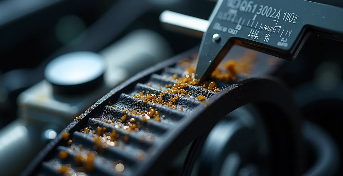Mécanicien utilisant un outil de mesure spécifique sur un moteur PureTech avec vue détaillée de la courroie humide