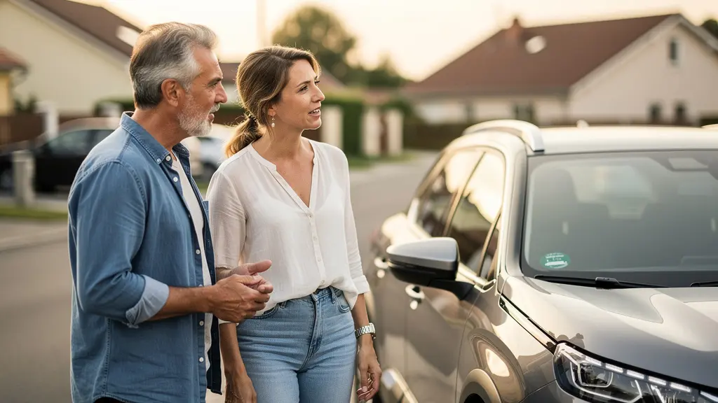 Couple français discutant des garanties d'assurance près de leur SUV familial en LLD