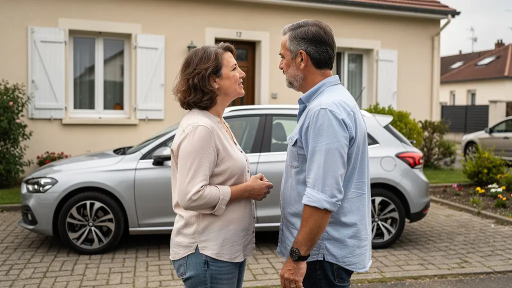 Couple français discutant du choix d'assurance auto devant leur véhicule familial