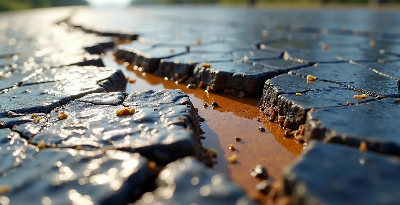 Détail macro d'une dalle solaire endommagée montrant fissures et décollements sur la chaussée