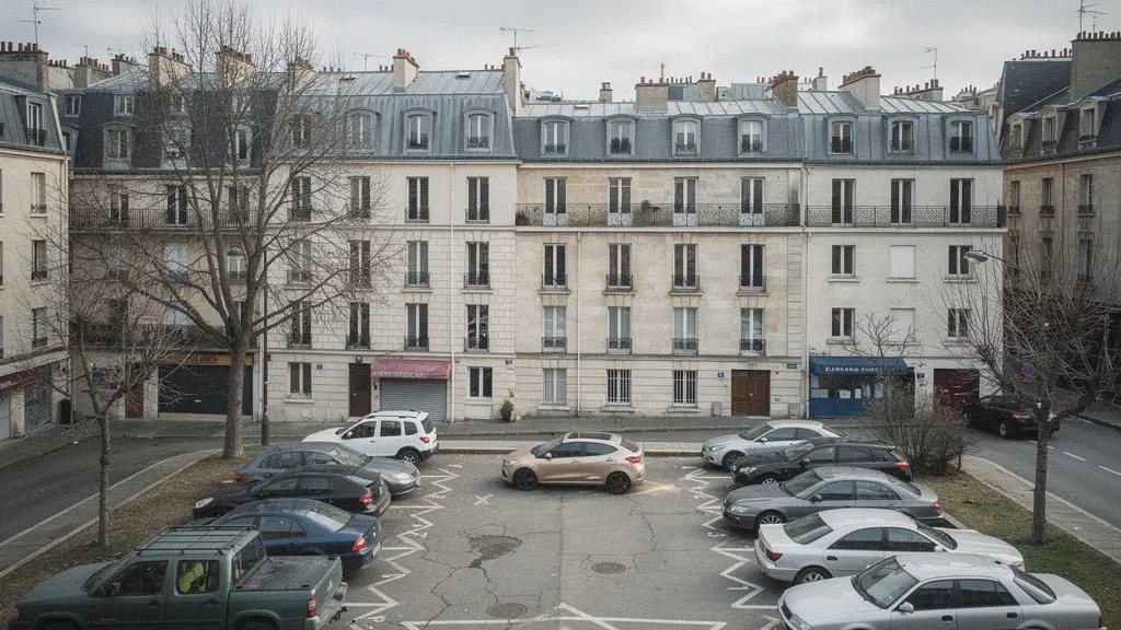 Vue en plongée d'un parking urbain français avec des véhicules de différentes générations, illustrant la transition automobile et la décote des diesels anciens face aux restrictions ZFE.