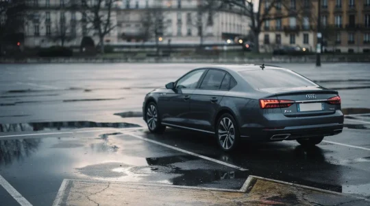 Voiture diesel garée seule sur un parking urbain désert sous un ciel nuageux, symbolisant le dilemme de revente face aux restrictions à venir en France