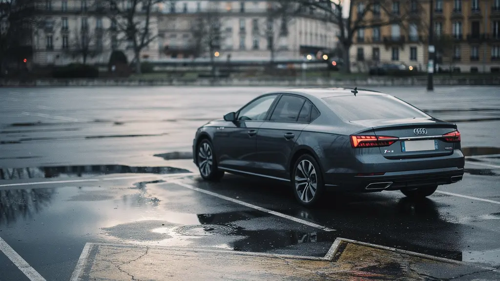 Voiture diesel garée seule sur un parking urbain désert sous un ciel nuageux, symbolisant le dilemme de revente face aux restrictions à venir en France