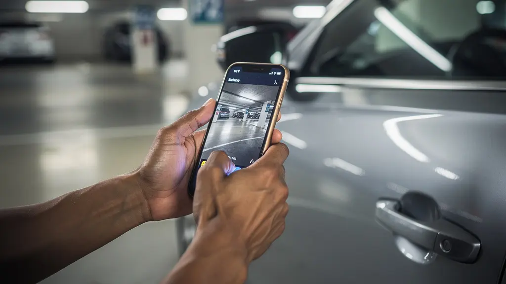 Personne documentant l'état d'un véhicule partagé avec un smartphone dans un parking souterrain