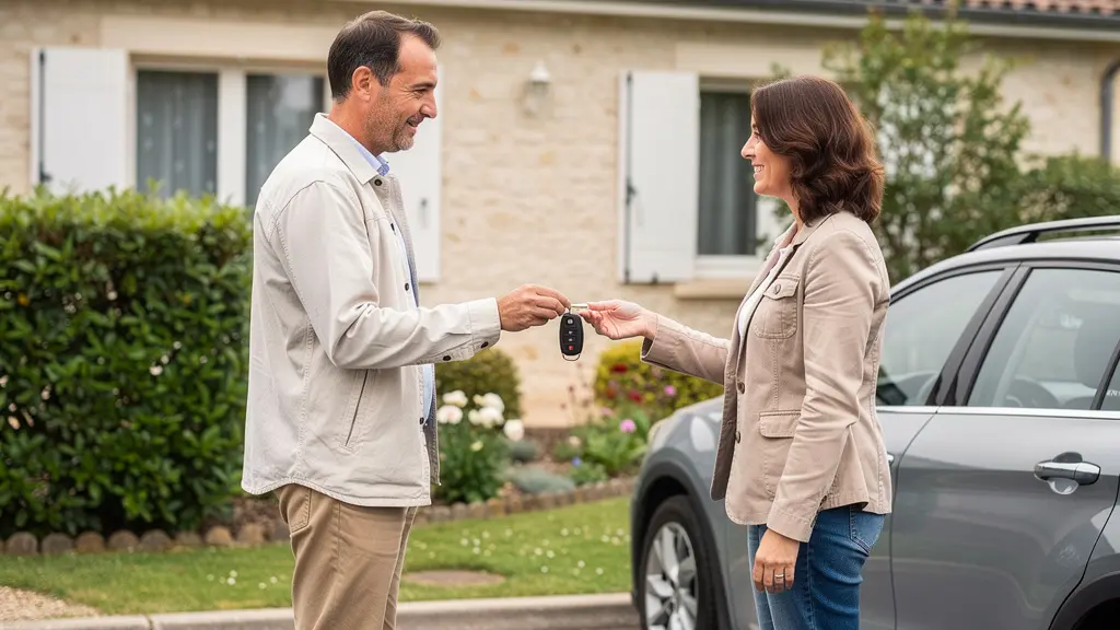 Échange de clés de voiture entre deux personnes prêt véhicule familial