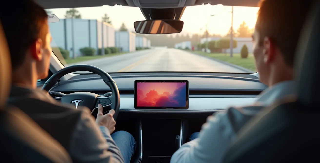 Vue arrière d'une personne dans un habitacle automobile moderne effectuant des réglages sur un tableau de bord numérique flou