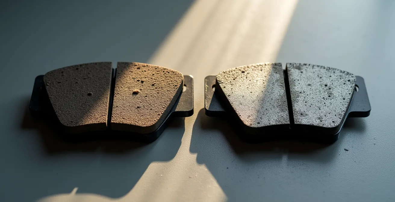 Vue comparative de deux plaquettes de frein montrant une usure asymétrique flagrante