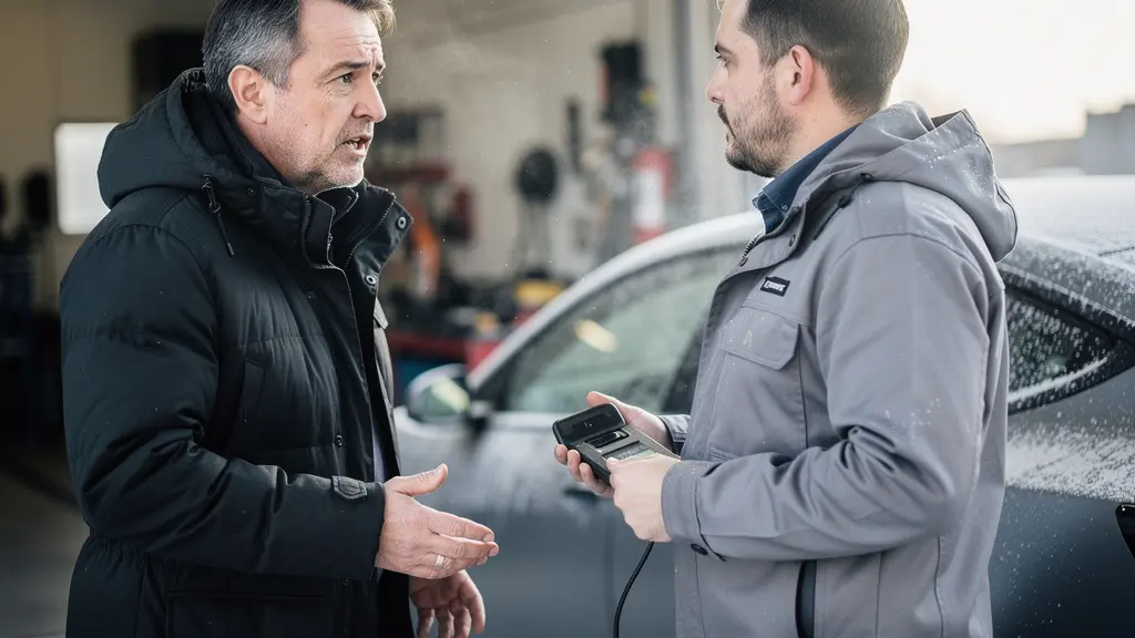 Conducteur inquiet discutant avec un technicien près d’une voiture électrique par temps froid, suggérant un contrôle de l’état de la batterie avant la fin de garantie.