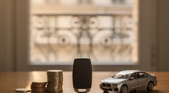 Clé de voiture posée sur un bureau entre des pièces de monnaie et un trousseau, symbolisant le choix entre LOA et crédit automobile en France