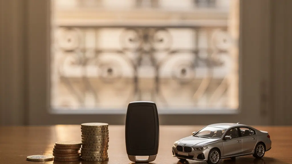 Clé de voiture posée sur un bureau entre des pièces de monnaie et un trousseau, symbolisant le choix entre LOA et crédit automobile en France