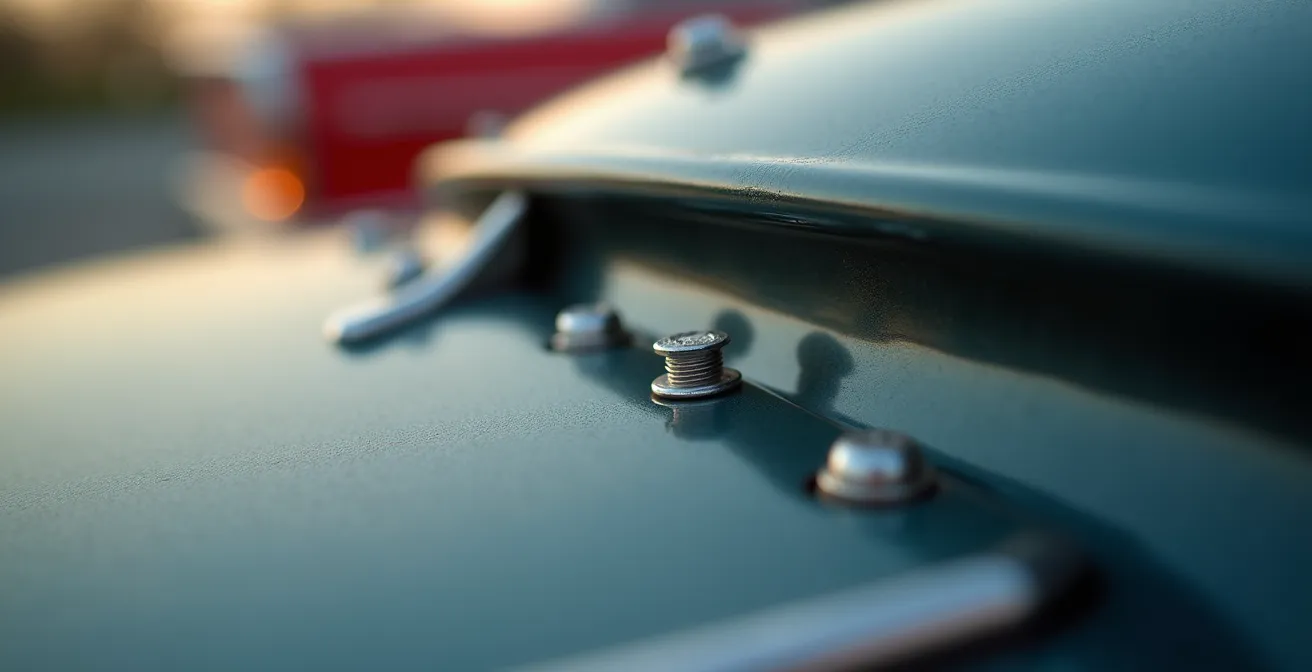 Gros plan sur une plaque d'immatriculation correctement fixée avec des rivets sur un véhicule