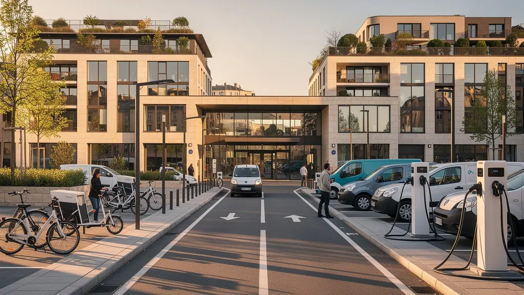 Camion de livraison électrique dans une zone urbaine avec signalisation ZFE-m