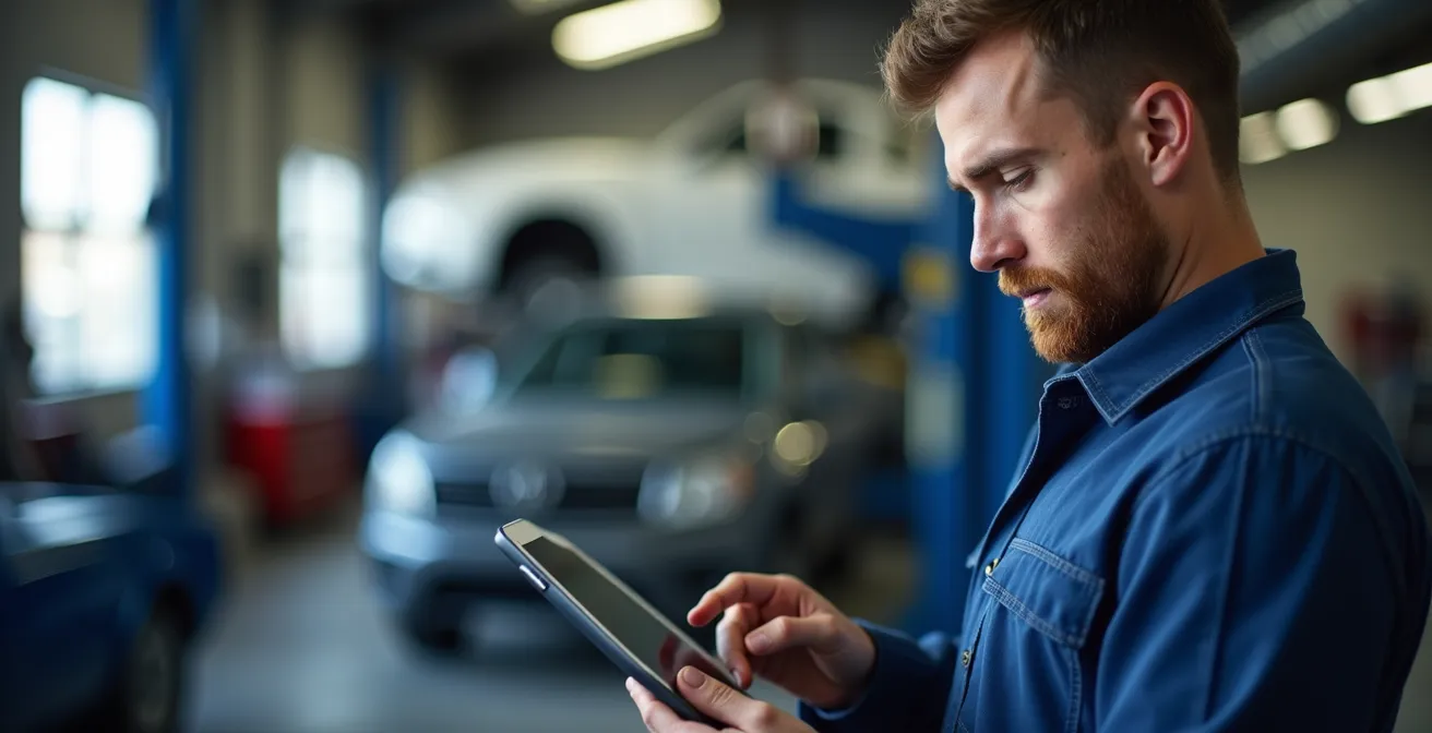 Mécanicien consultant une tablette numérique dans un atelier automobile moderne
