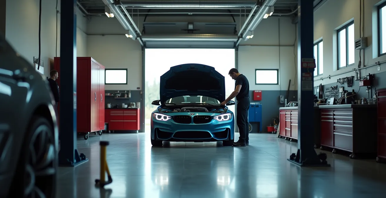 Vue d'ensemble d'un garage avec mécanicien inspectant le compartiment moteur d'une voiture d'occasion
