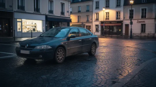 Vue d'ensemble atmosphérique d'une voiture d'occasion garée dans une rue française typique au crépuscule, suggérant une inspection minutieuse.