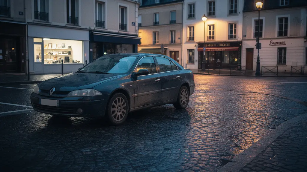 Vue d'ensemble atmosphérique d'une voiture d'occasion garée dans une rue française typique au crépuscule, suggérant une inspection minutieuse.