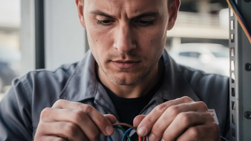 Technicien certifié IRVE installant une borne de recharge dans un parking d'entreprise