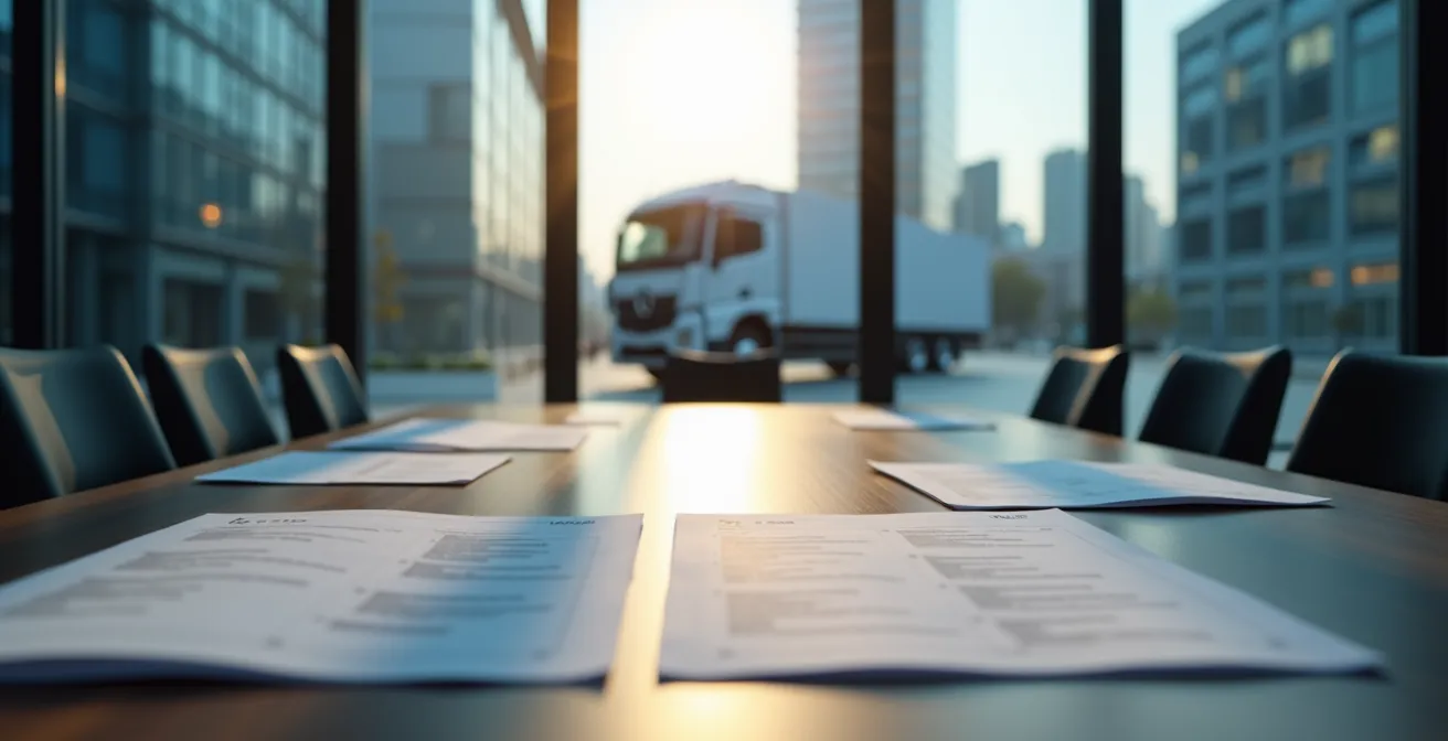 Bureau moderne avec documents d'appel d'offres et camion BioGNV visible par la fenêtre