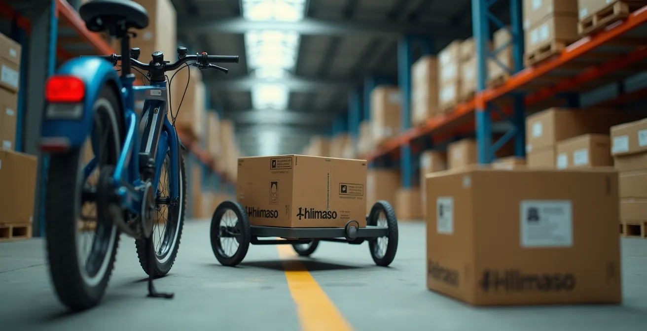 Micro-hub logistique urbain avec vélos cargo et zone de transbordement en périphérie de ville